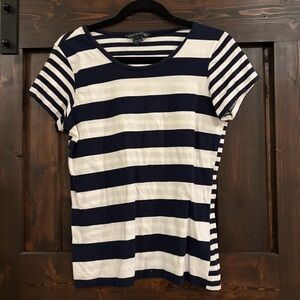 French Connection Navy and Cream Striped Tee Large